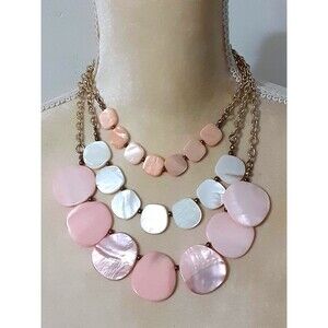 Erica Lyons Pink Shell 3 Strand Necklace Gold Tone 20" Beachy Ocean Statement